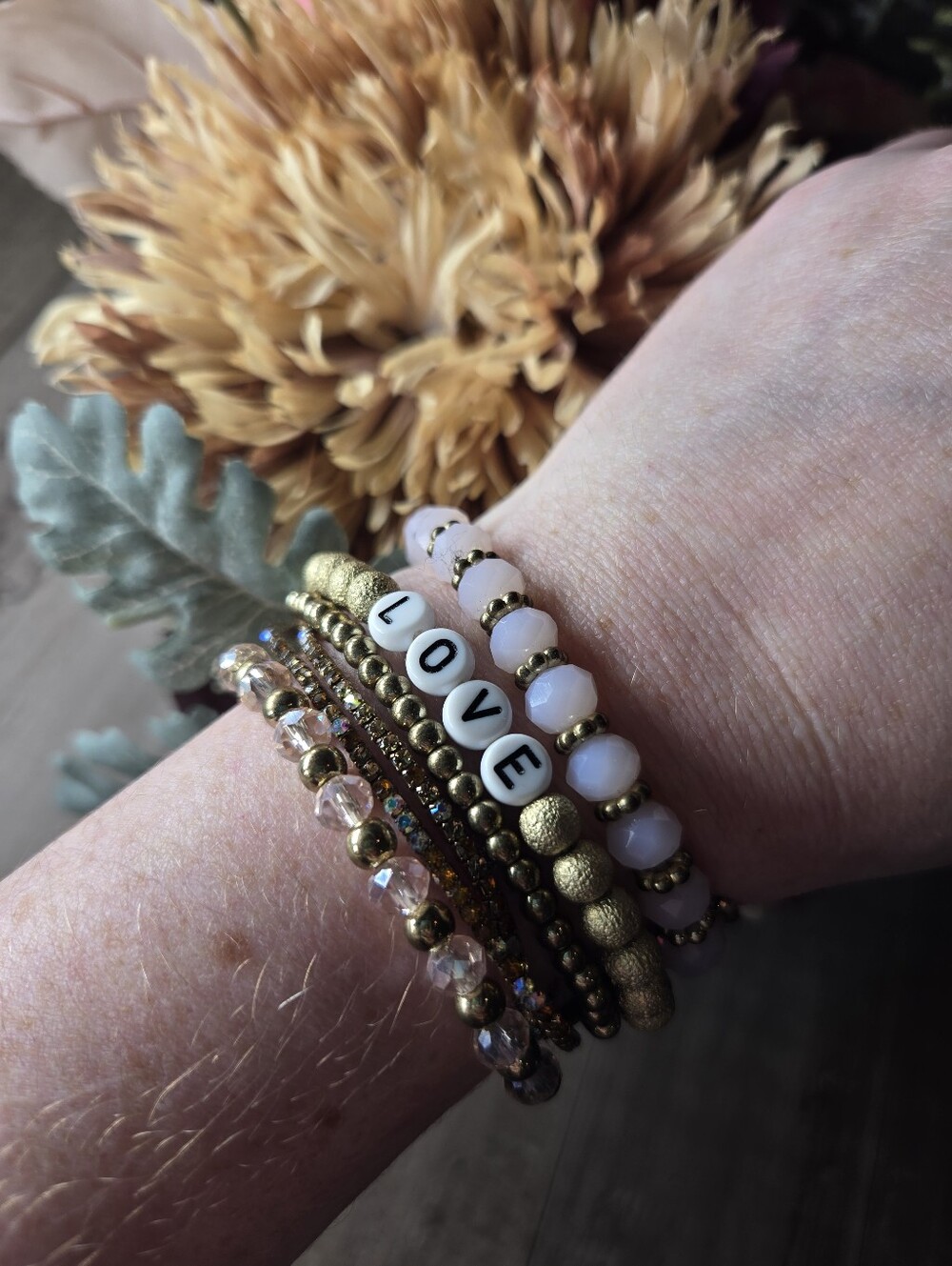Gold & Blush Beaded ‘LOVE’ Stackable Bracelet Set – Women Jewelry 6pc NWOT